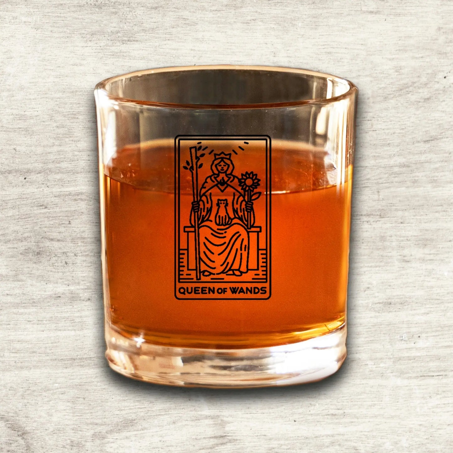 Queen of Wands Tarot Card Etched Lowball Glass Quadra Marketplace