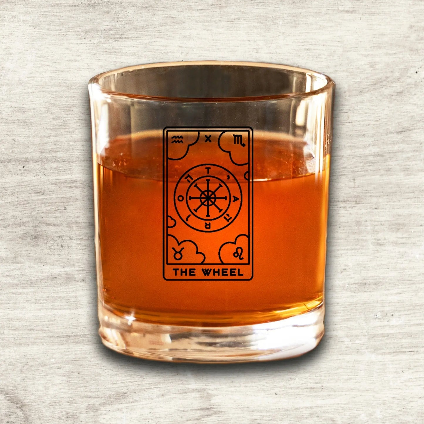 The Wheel of Fortune Tarot Card Etched Lowball Glass Quadra Marketplace