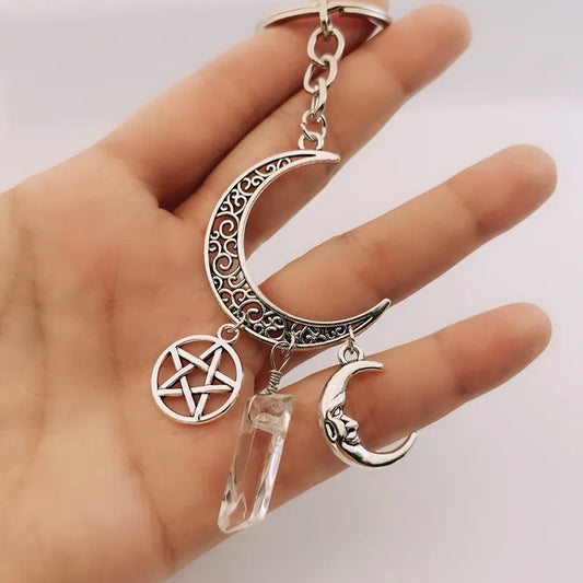 Moon Pentagram Quartz Crystal Witchy Keychain