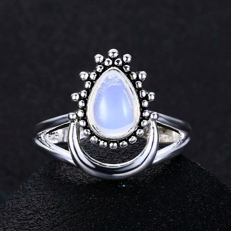 Sterling Silver Moonstone Ring with Crescent Moon