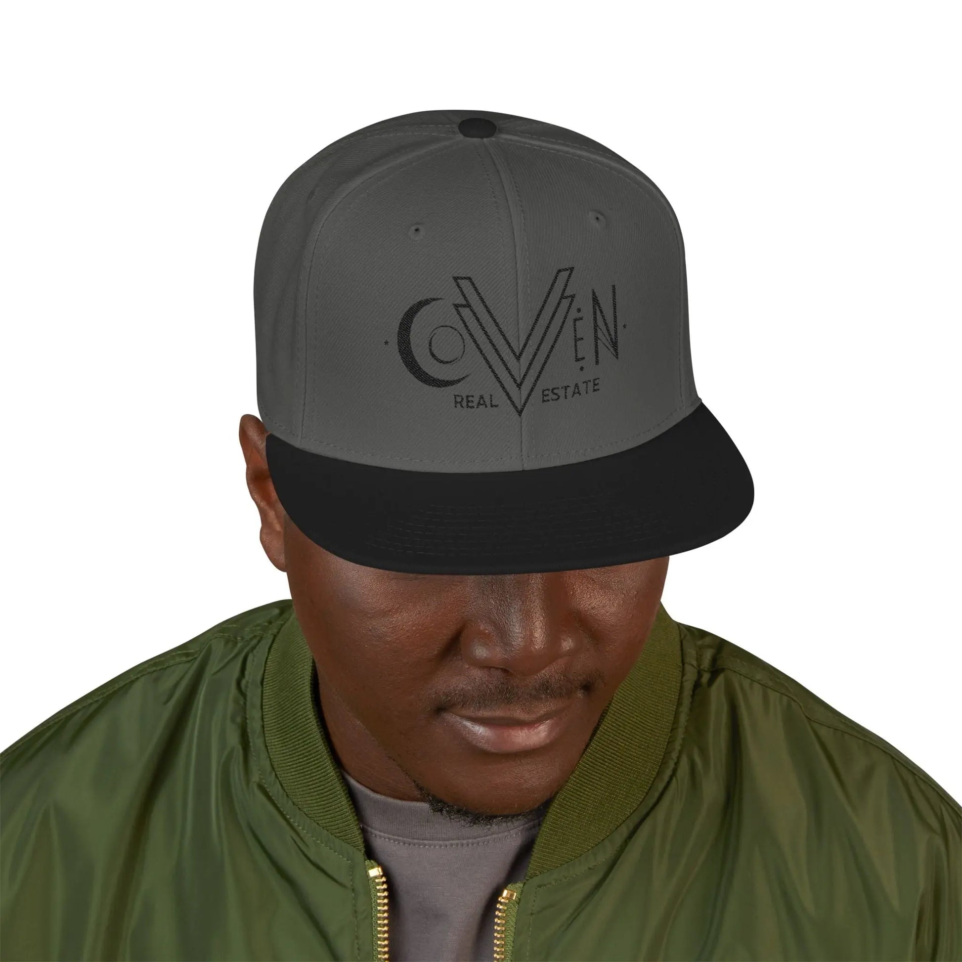 Coven Real Estate Black Logo Embroidered 'Seven Estate' Snapback Hat — Flat Brim Streetwear Cap Printify