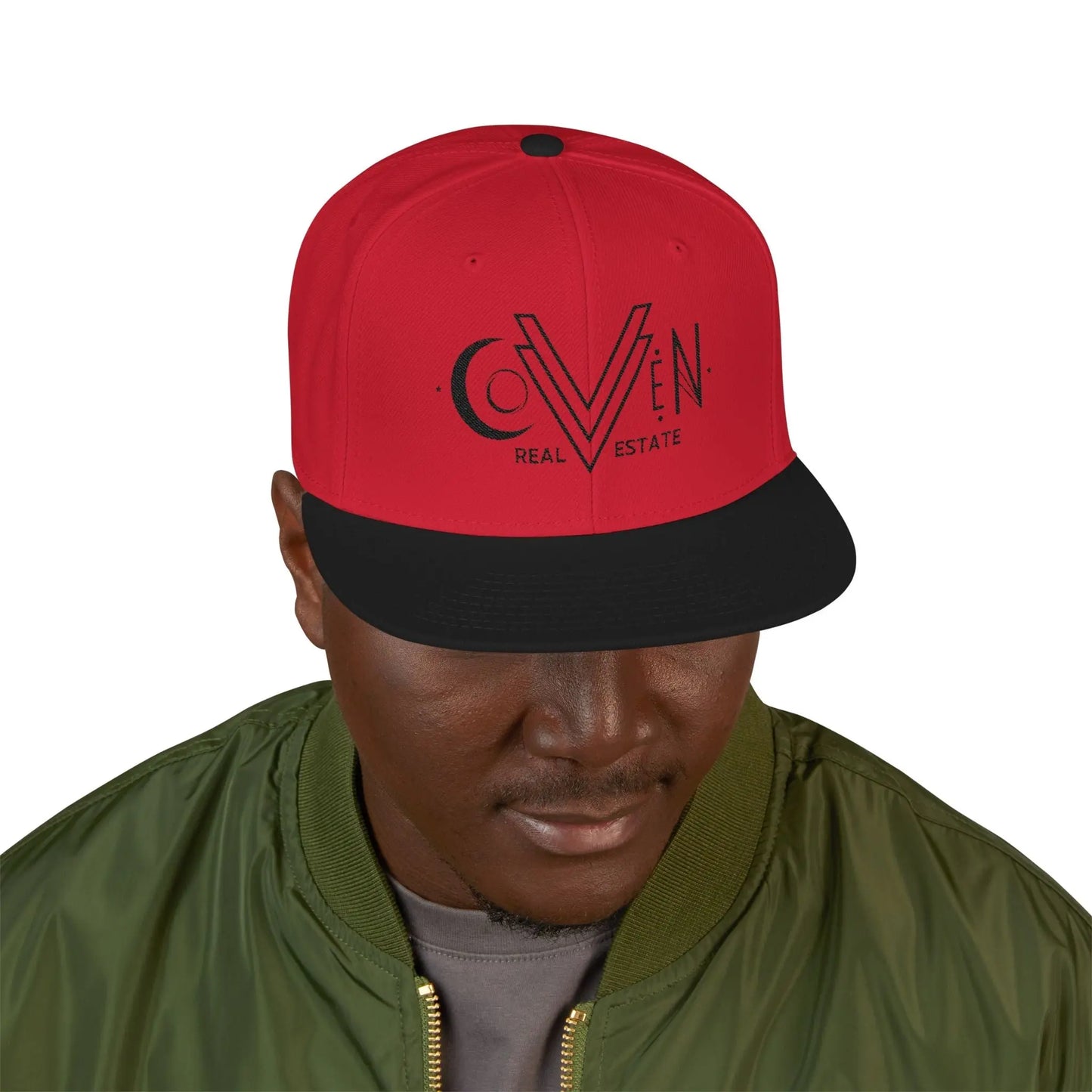 Coven Real Estate Black Logo Embroidered 'Seven Estate' Snapback Hat — Flat Brim Streetwear Cap Printify