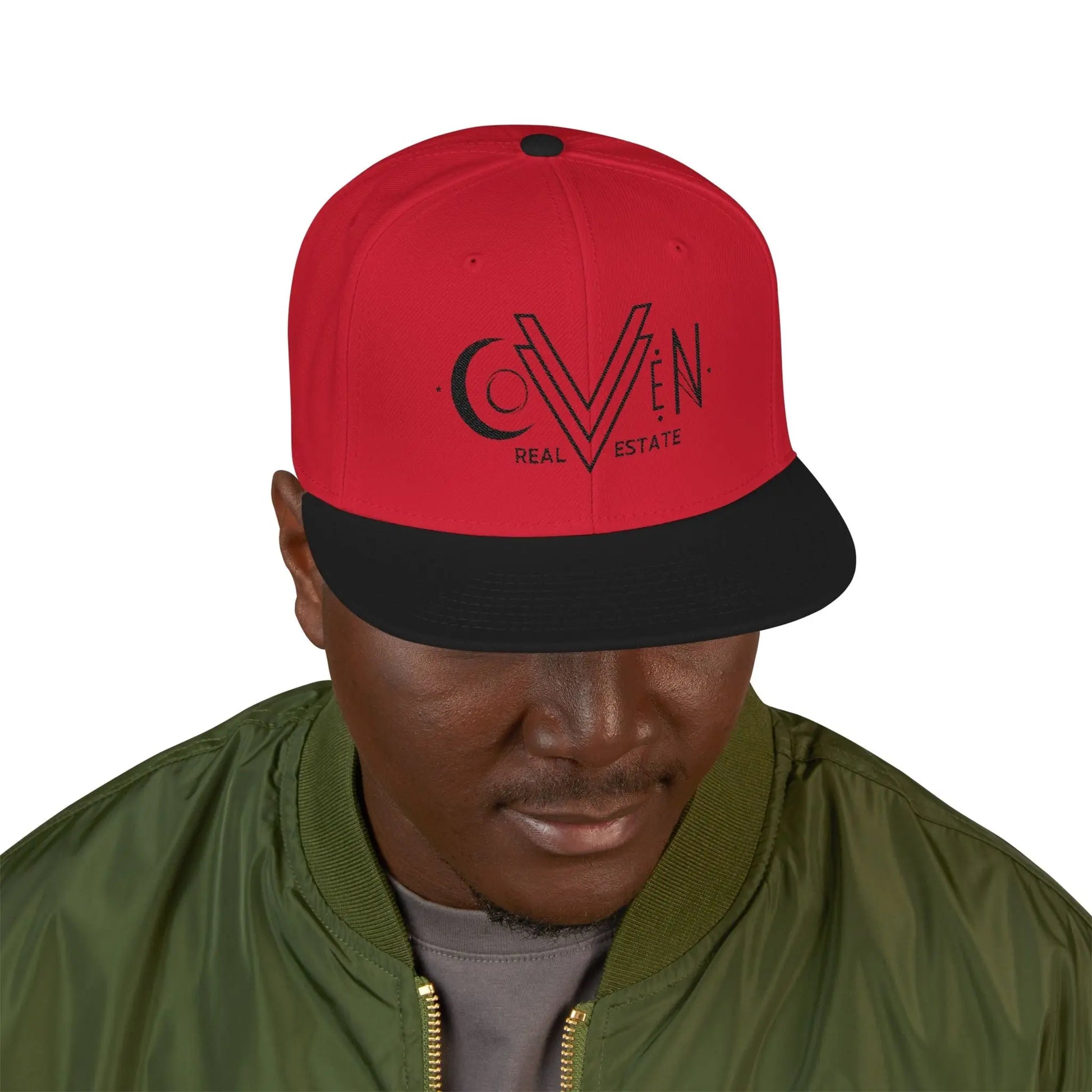 Coven Real Estate Black Logo Embroidered 'Seven Estate' Snapback Hat — Flat Brim Streetwear Cap Printify