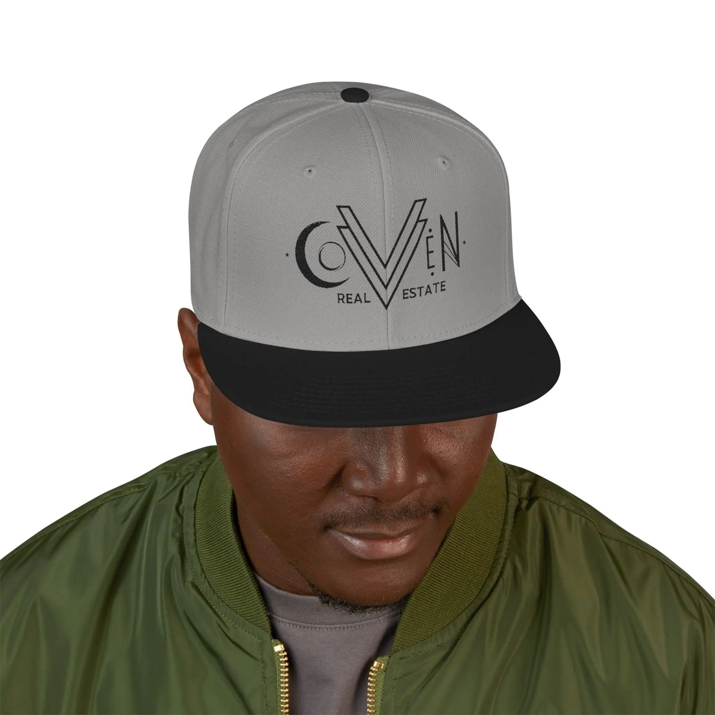 Coven Real Estate Black Logo Embroidered 'Seven Estate' Snapback Hat — Flat Brim Streetwear Cap Printify