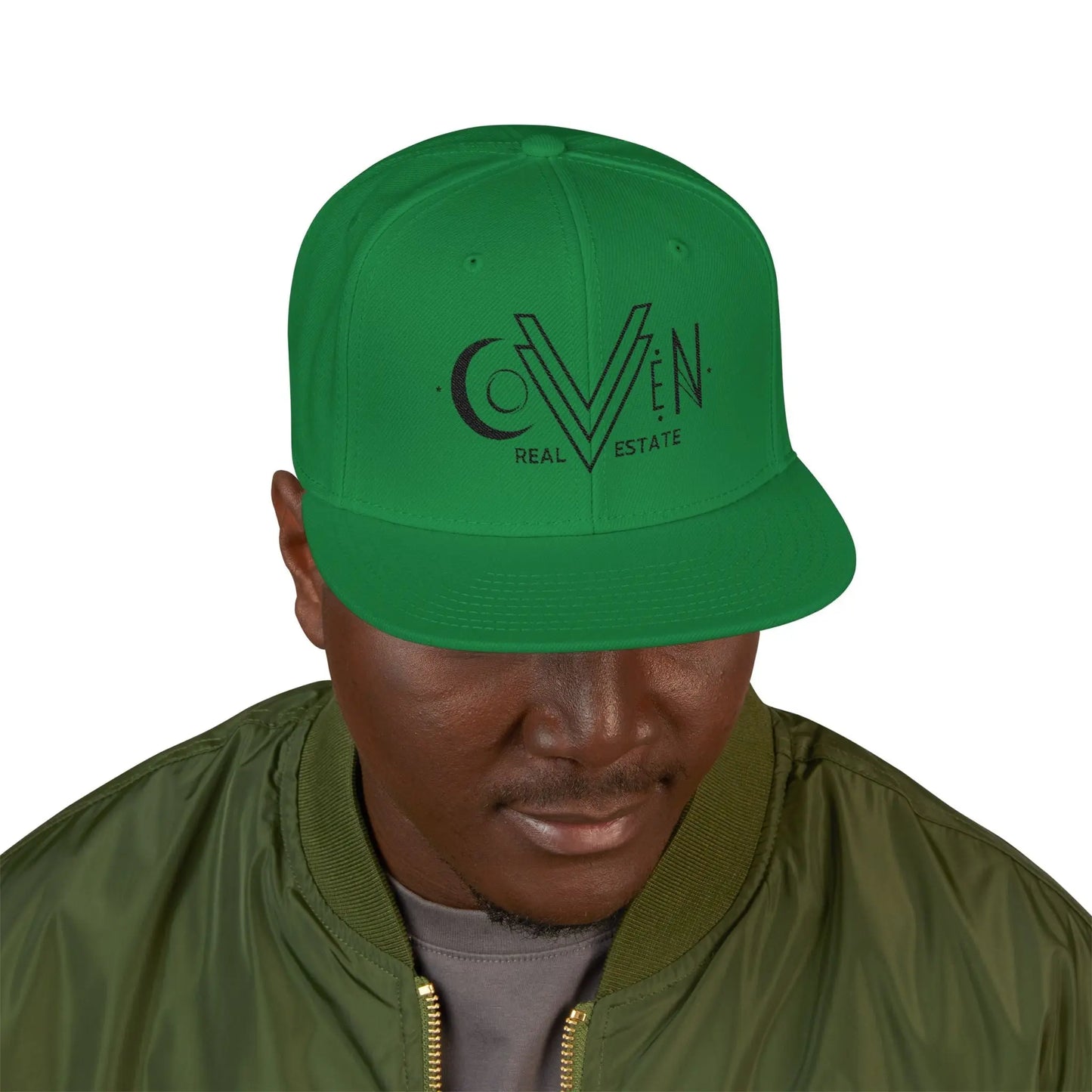 Coven Real Estate Black Logo Embroidered 'Seven Estate' Snapback Hat — Flat Brim Streetwear Cap Printify