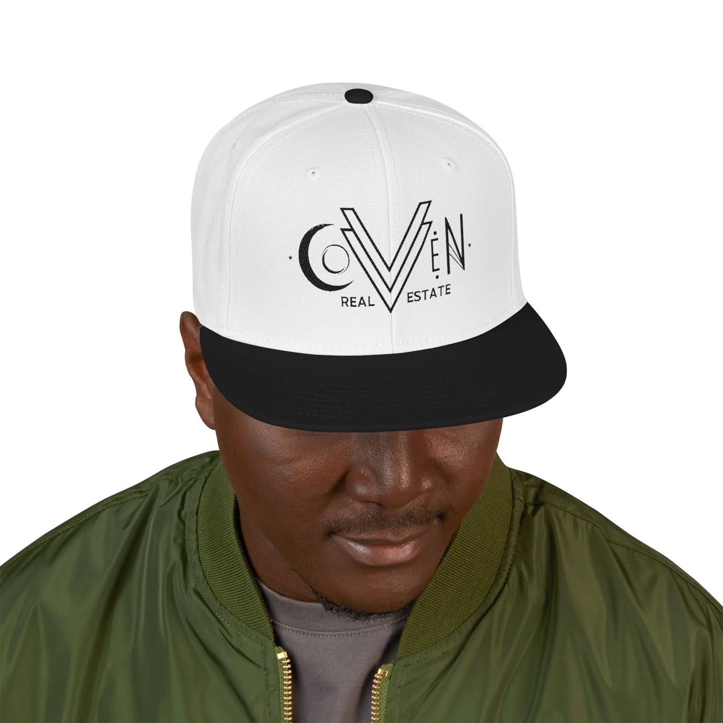 Coven Real Estate Black Logo Embroidered 'Seven Estate' Snapback Hat — Flat Brim Streetwear Cap Printify