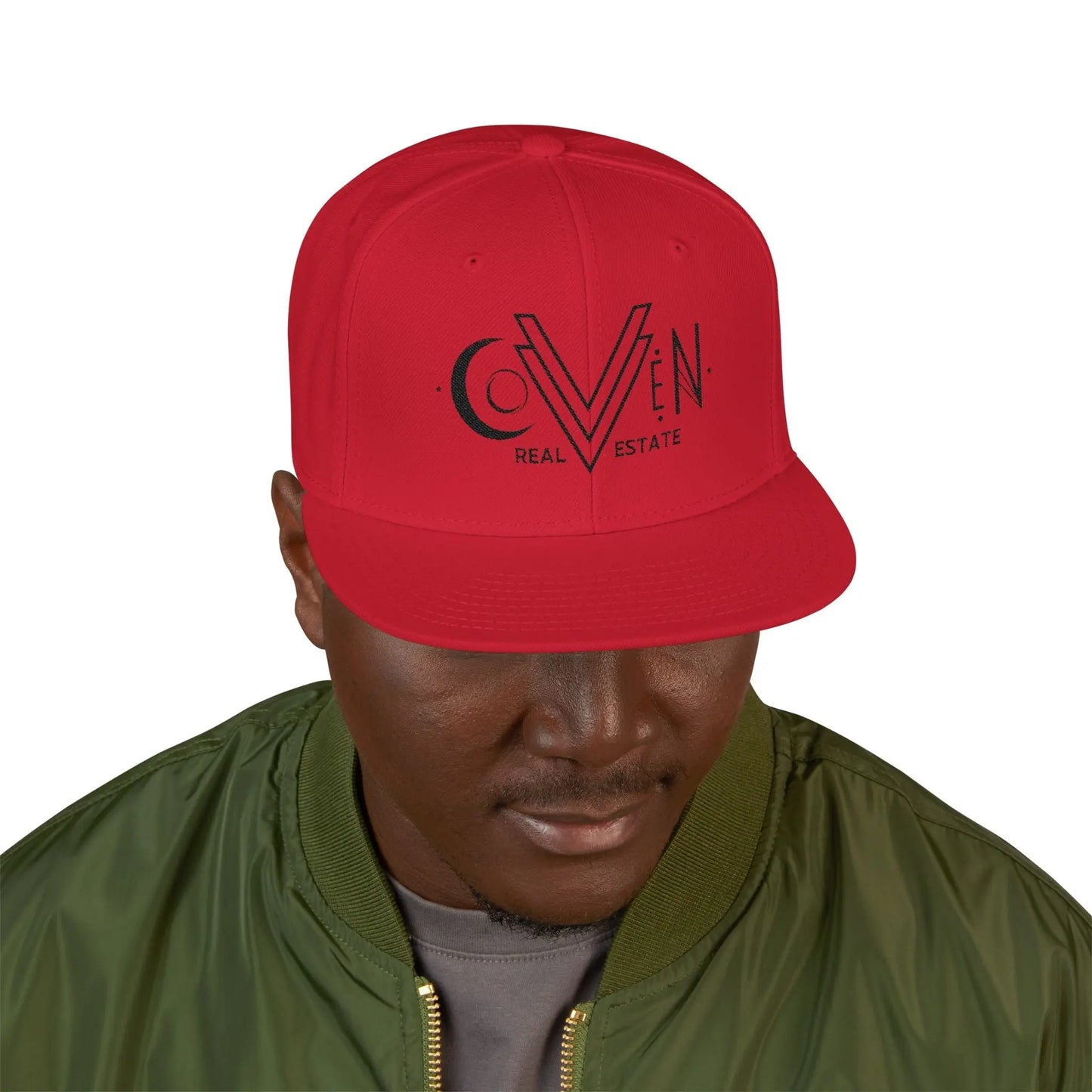 Coven Real Estate Black Logo Embroidered 'Seven Estate' Snapback Hat — Flat Brim Streetwear Cap Printify