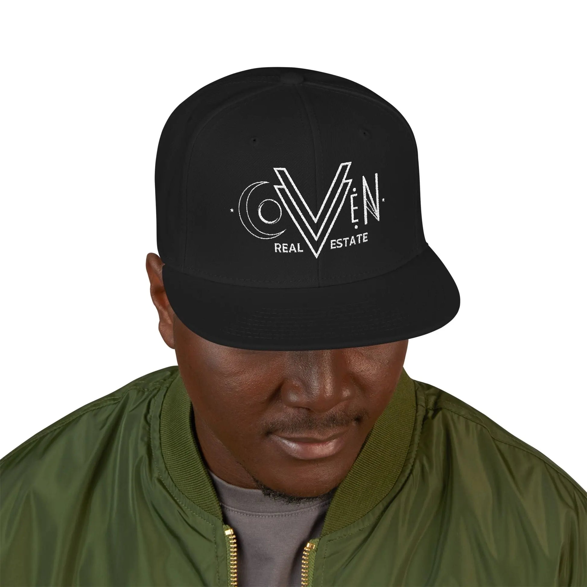 Coven Real Estate Logo Embroidered 'Seven Estate' Snapback Hat — Flat Brim Streetwear Cap Printify
