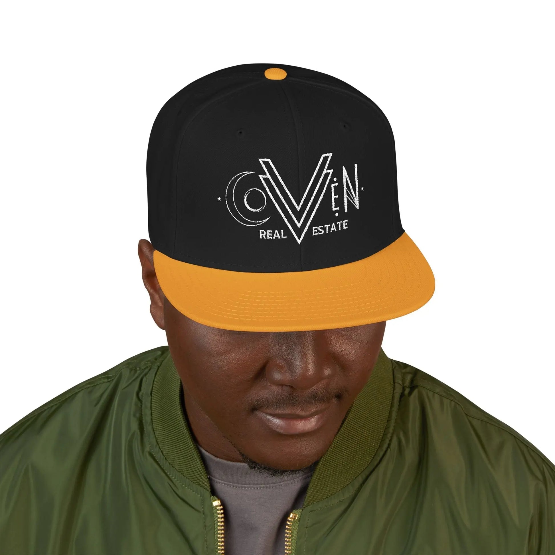 Coven Real Estate Logo Embroidered 'Seven Estate' Snapback Hat — Flat Brim Streetwear Cap Printify