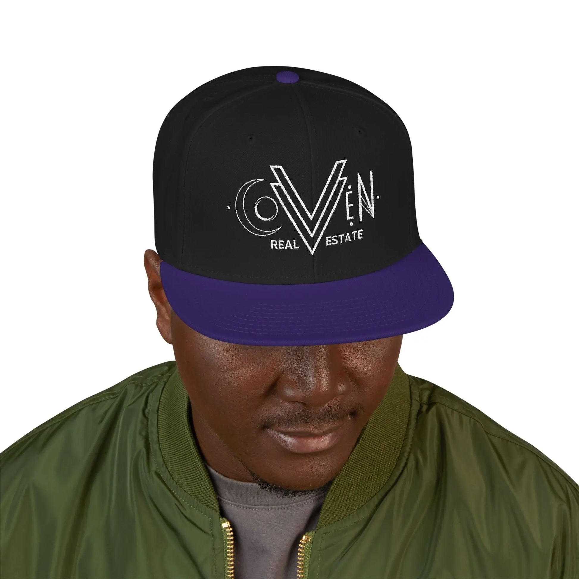 Coven Real Estate Logo Embroidered 'Seven Estate' Snapback Hat — Flat Brim Streetwear Cap Printify