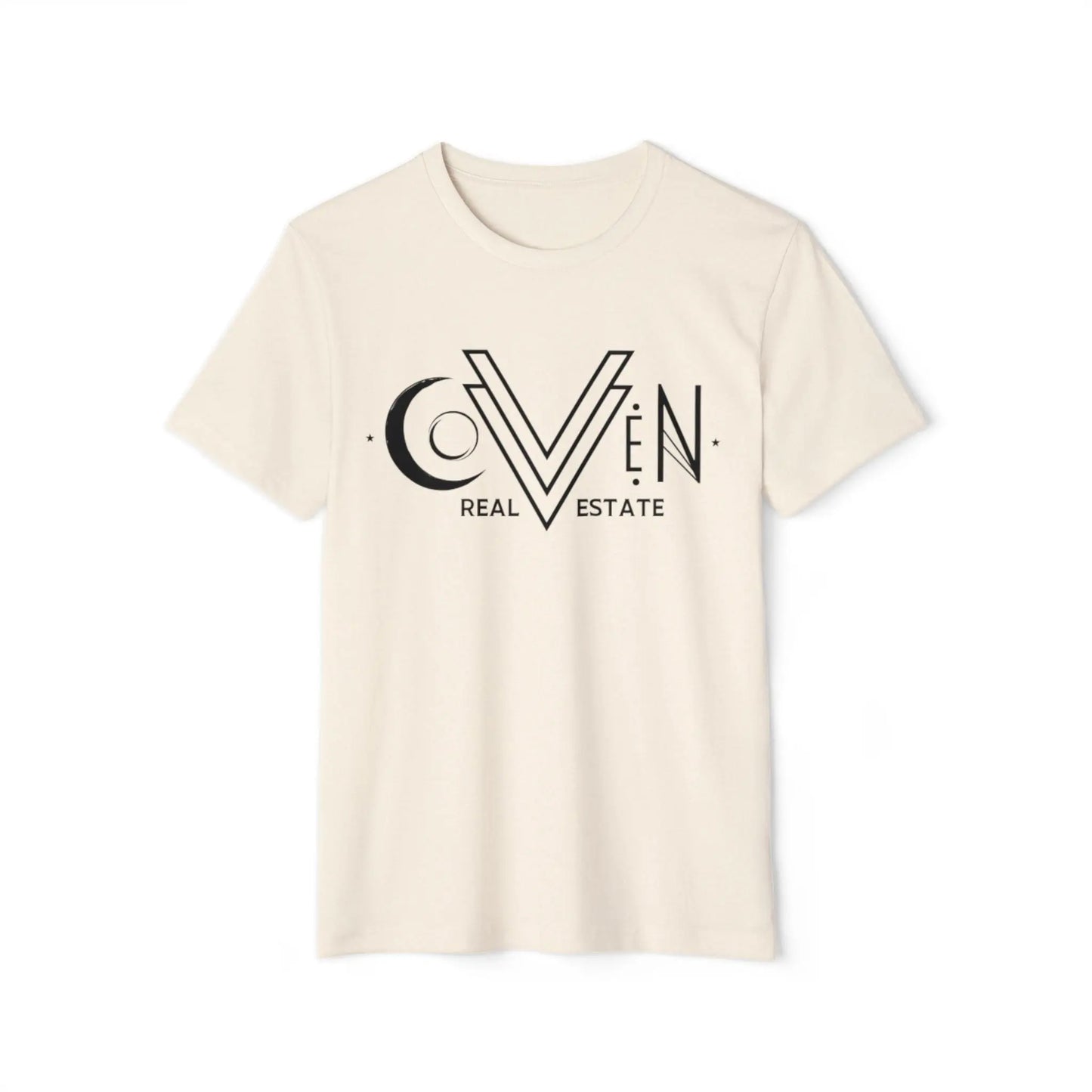 Coven Real Estate T-Shirt — Black Retro Moon Logo Tee Printify