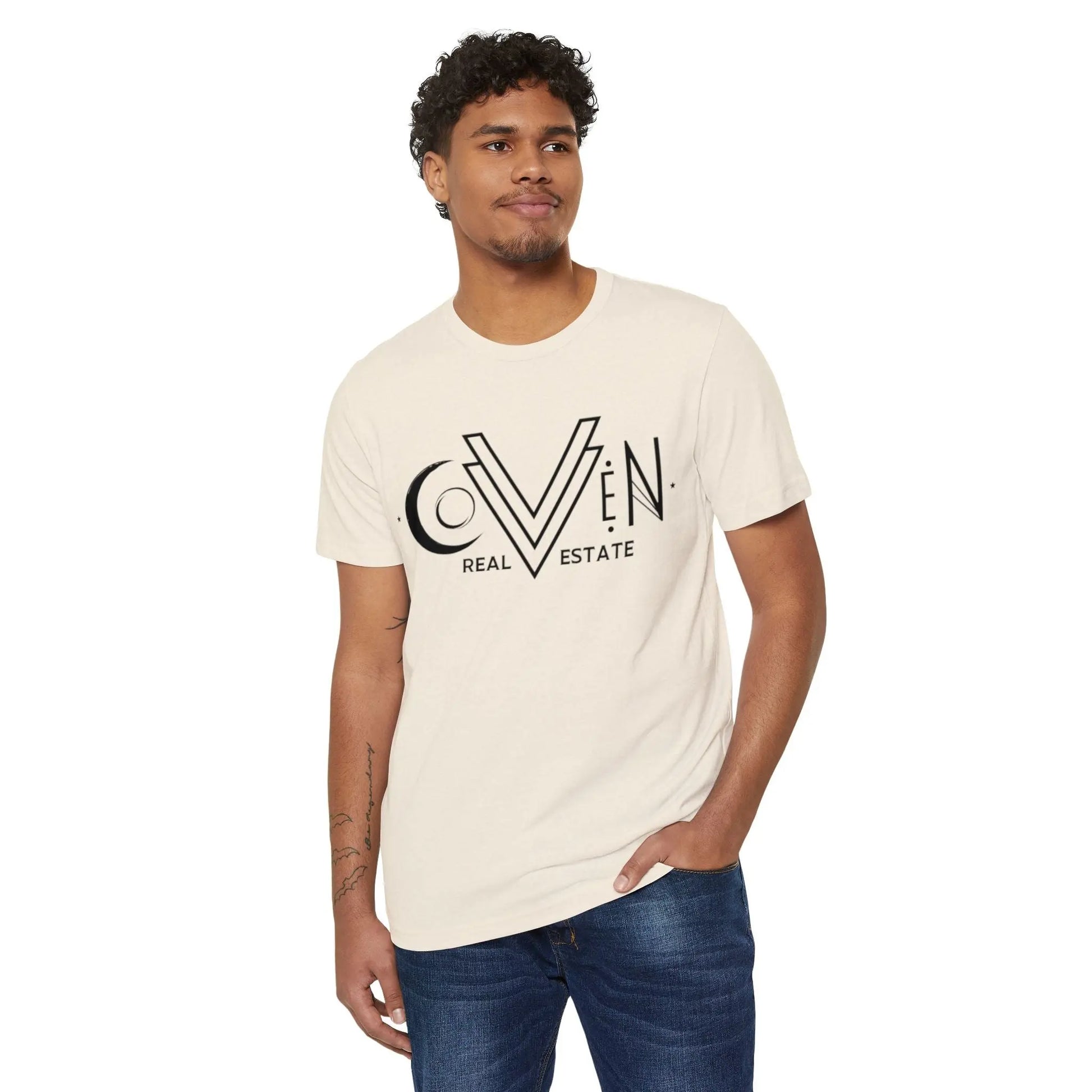 Coven Real Estate T-Shirt — Black Retro Moon Logo Tee Printify