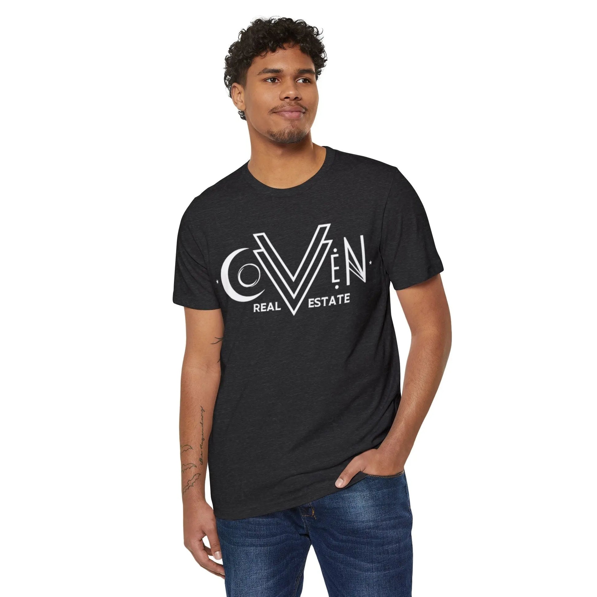 Coven Real Estate T-Shirt — White Retro Moon Logo Tee Printify