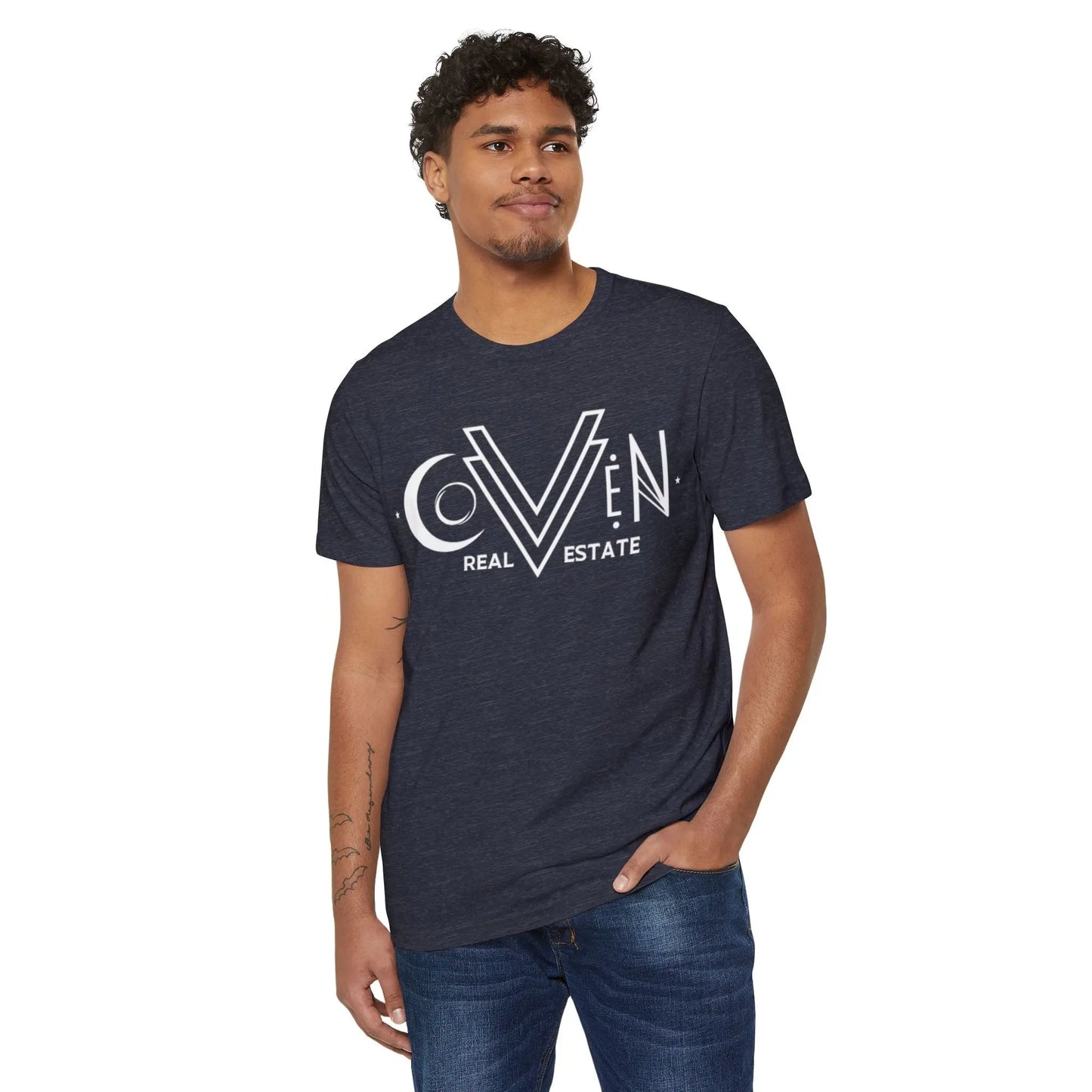 Coven Real Estate T-Shirt — White Retro Moon Logo Tee Printify