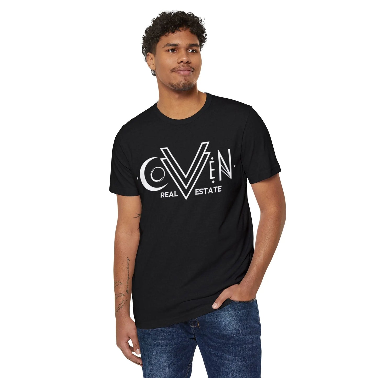 Coven Real Estate T-Shirt — White Retro Moon Logo Tee Printify