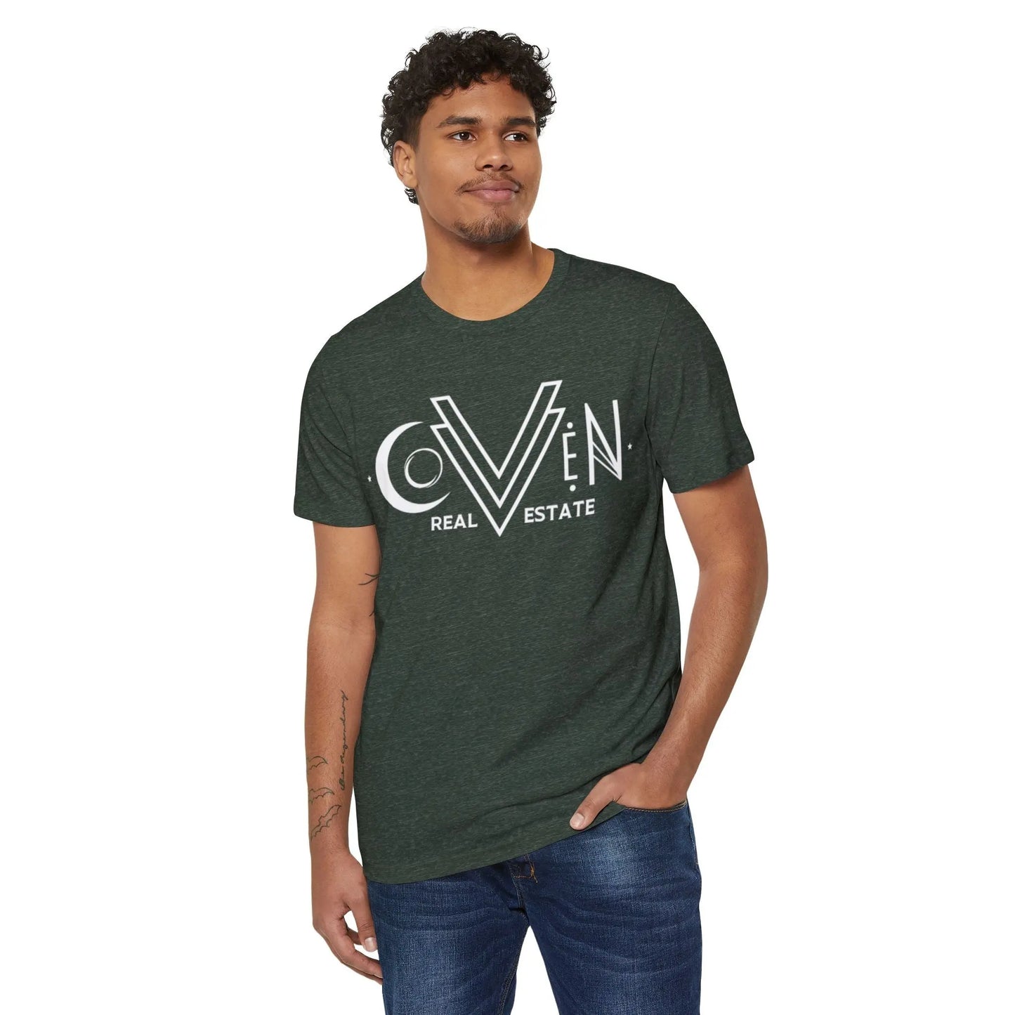 Coven Real Estate T-Shirt — White Retro Moon Logo Tee Printify