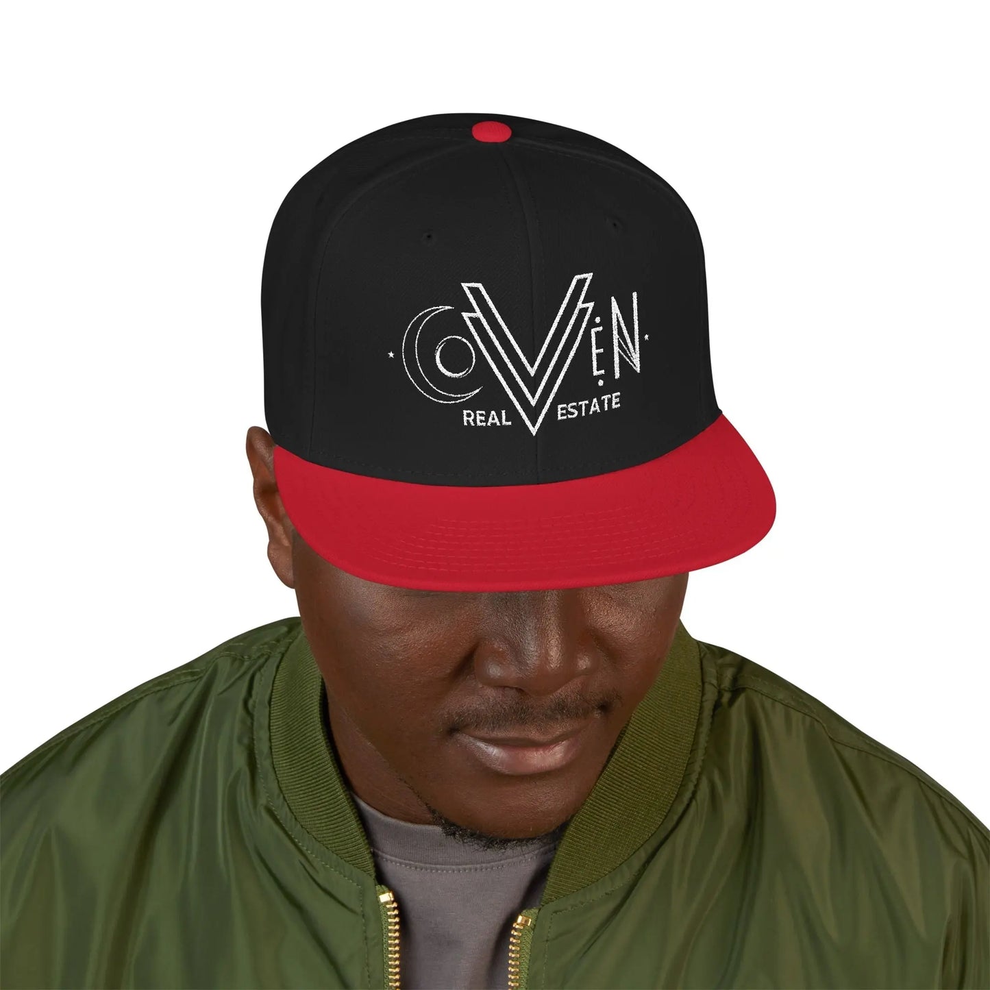 Coven Real Estate White Logo Embroidered 'Seven Estate' Snapback Hat — Flat Brim Streetwear Cap Printify