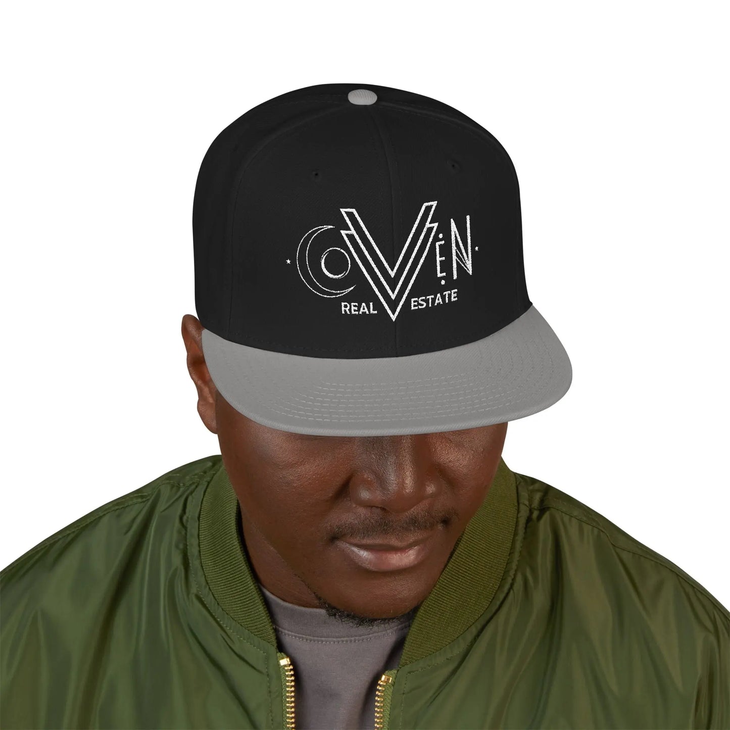 Coven Real Estate White Logo Embroidered 'Seven Estate' Snapback Hat — Flat Brim Streetwear Cap Printify