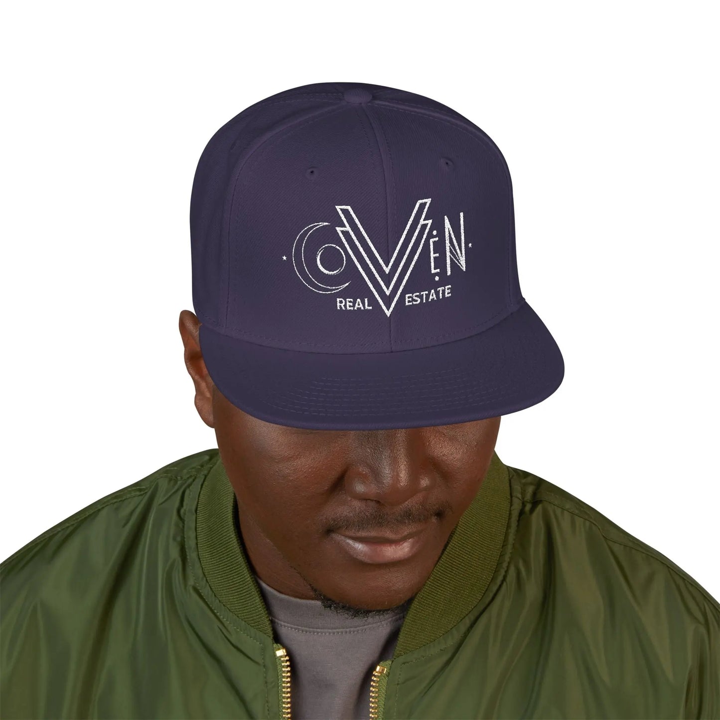 Coven Real Estate White Logo Embroidered 'Seven Estate' Snapback Hat — Flat Brim Streetwear Cap Printify