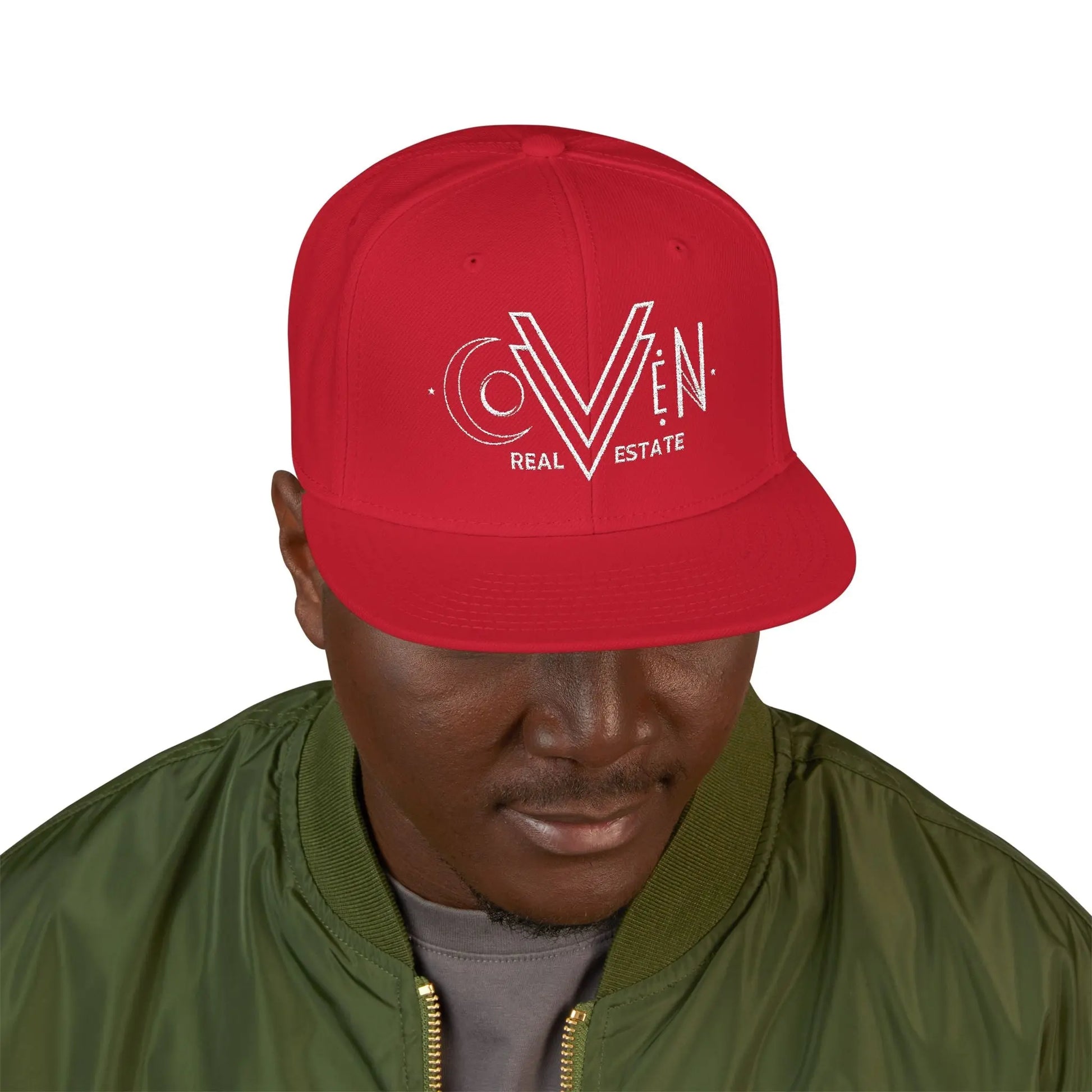 Coven Real Estate White Logo Embroidered 'Seven Estate' Snapback Hat — Flat Brim Streetwear Cap Printify