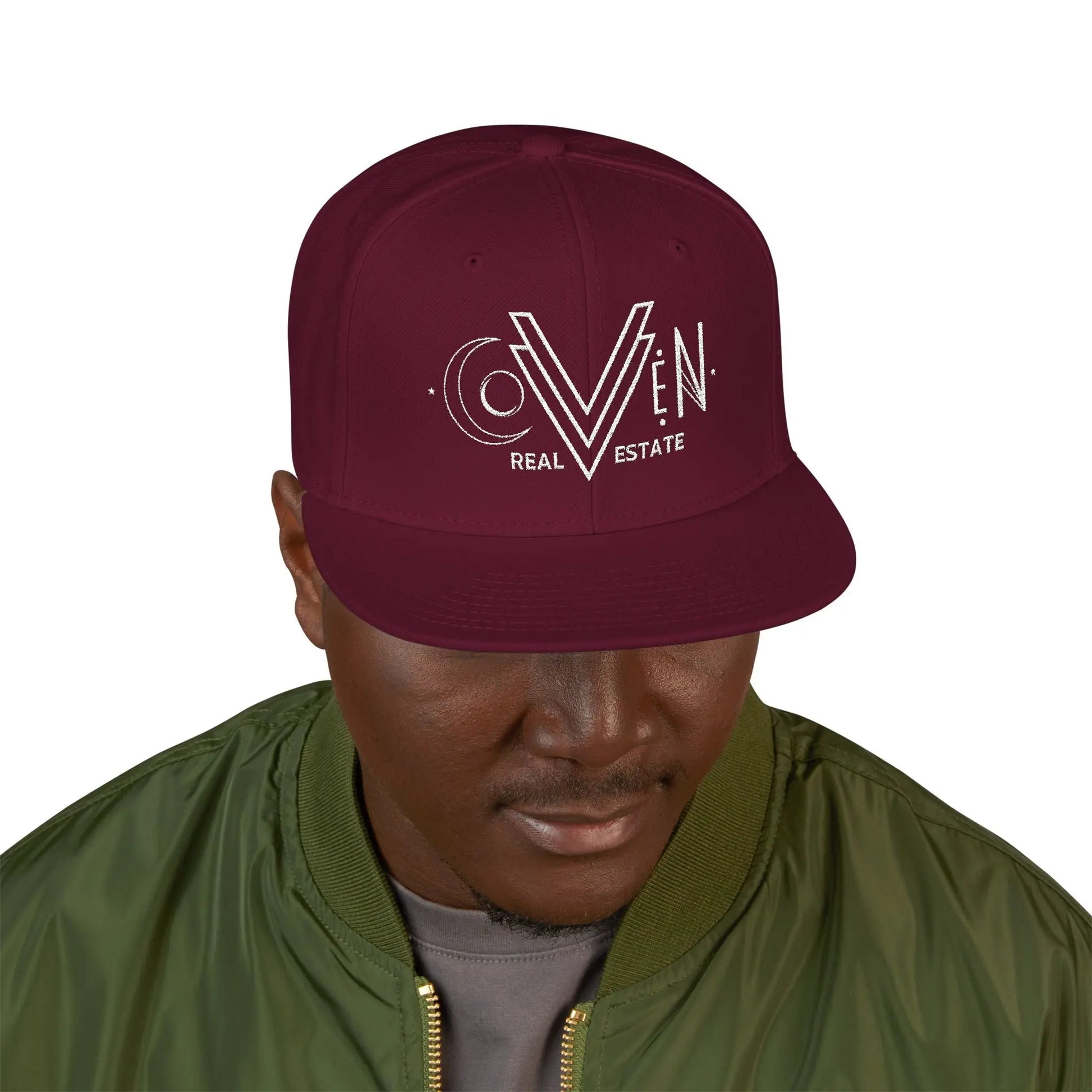 Coven Real Estate White Logo Embroidered 'Seven Estate' Snapback Hat — Flat Brim Streetwear Cap Printify