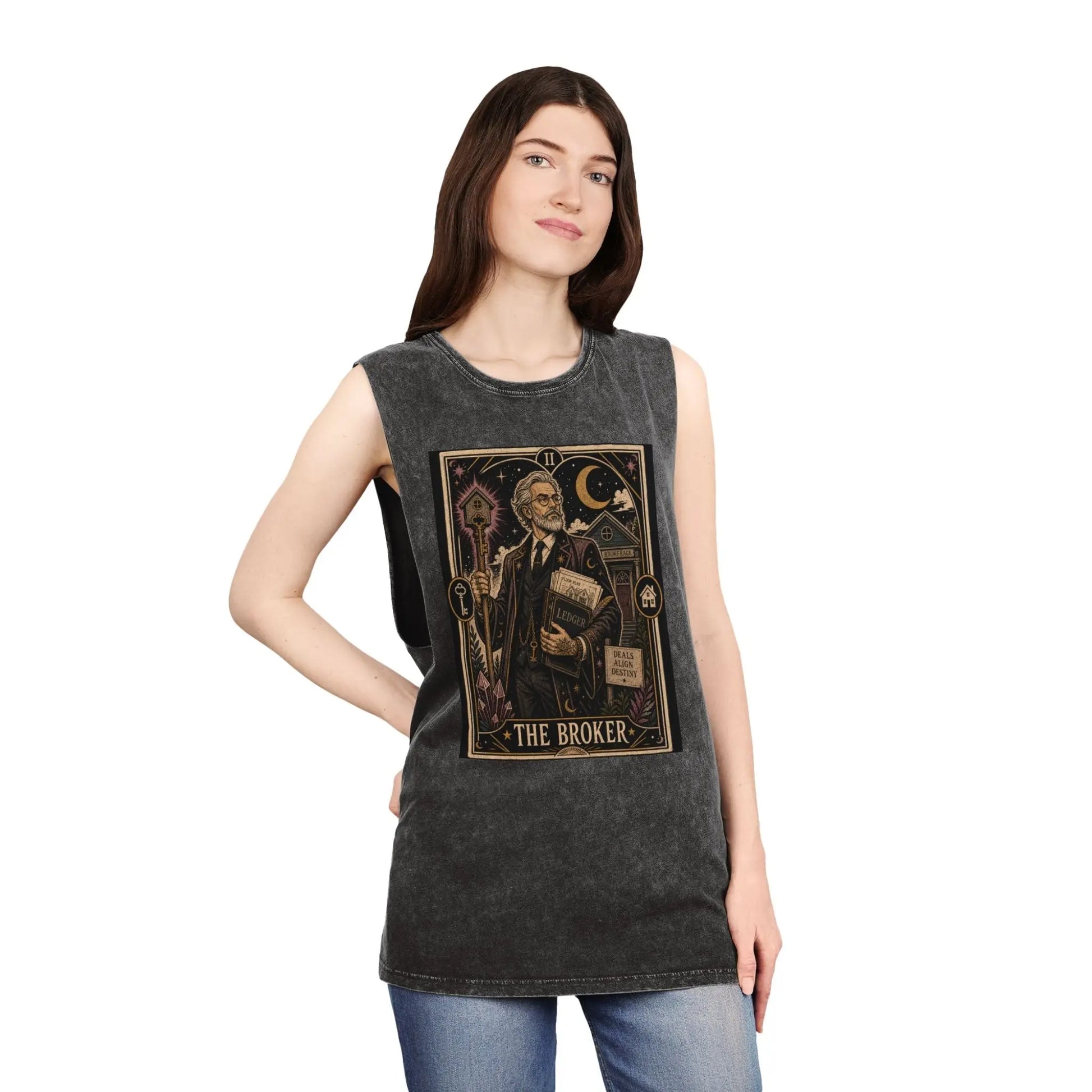 The Broker Tarot Card Stonewashed Tank Printify