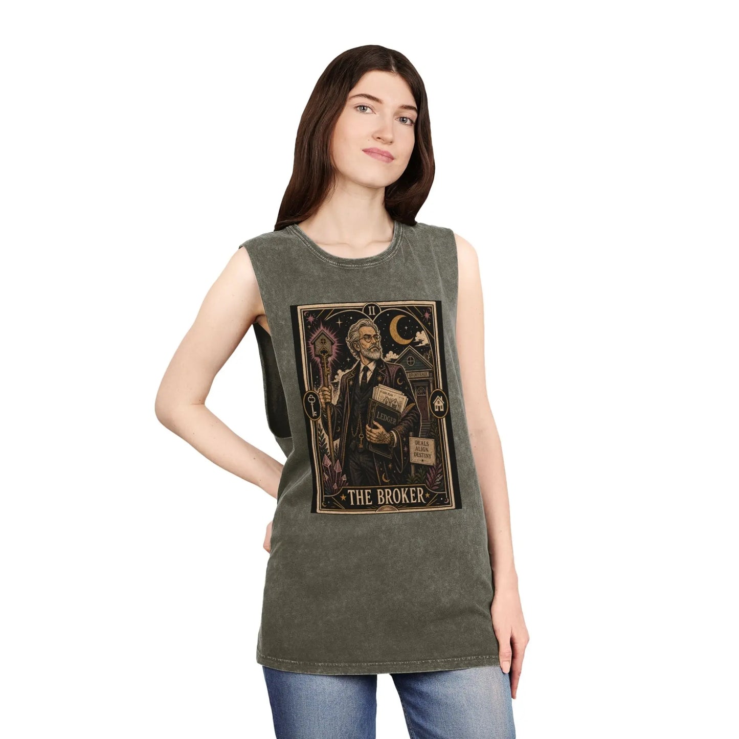 The Broker Tarot Card Stonewashed Tank Printify