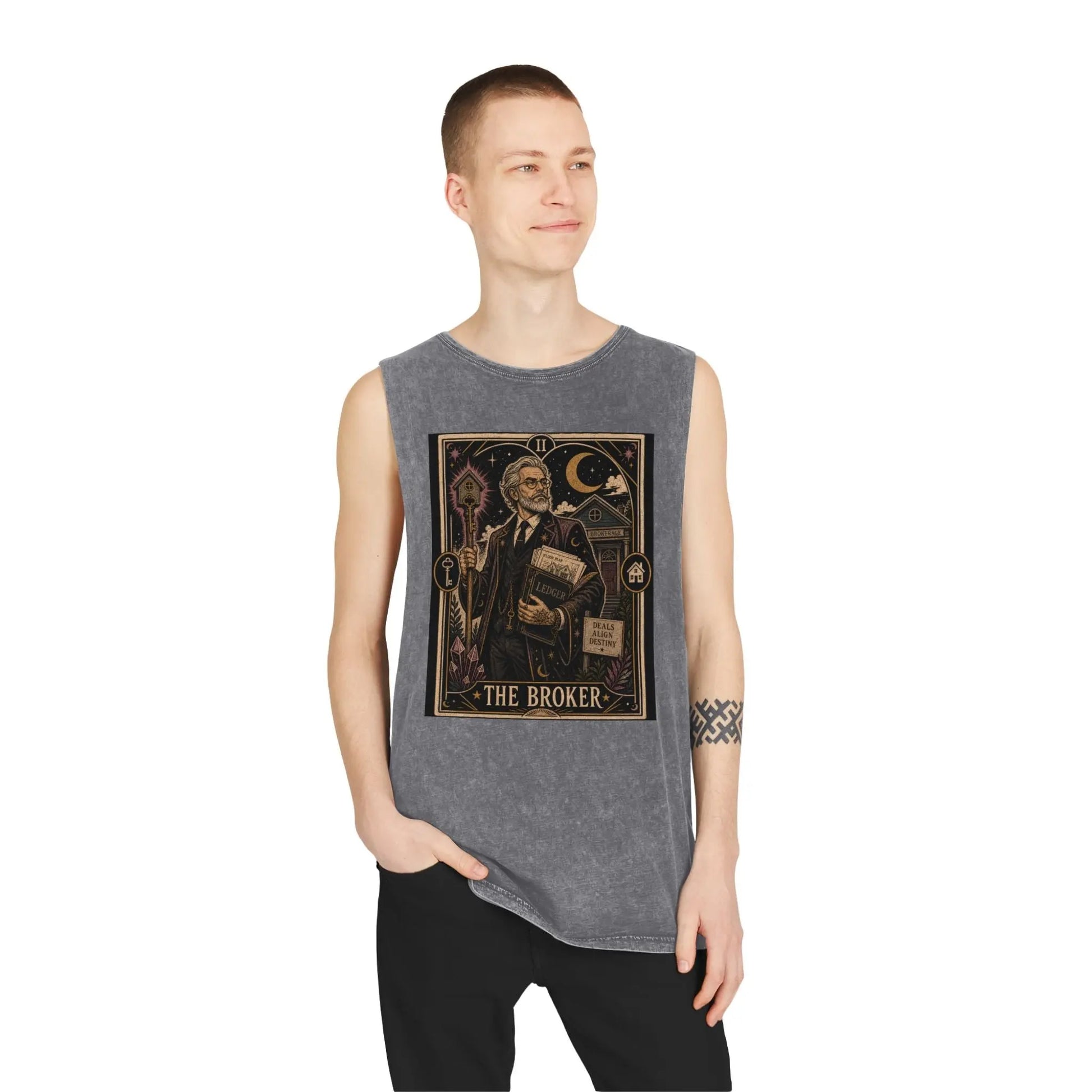 The Broker Tarot Card Stonewashed Tank Printify