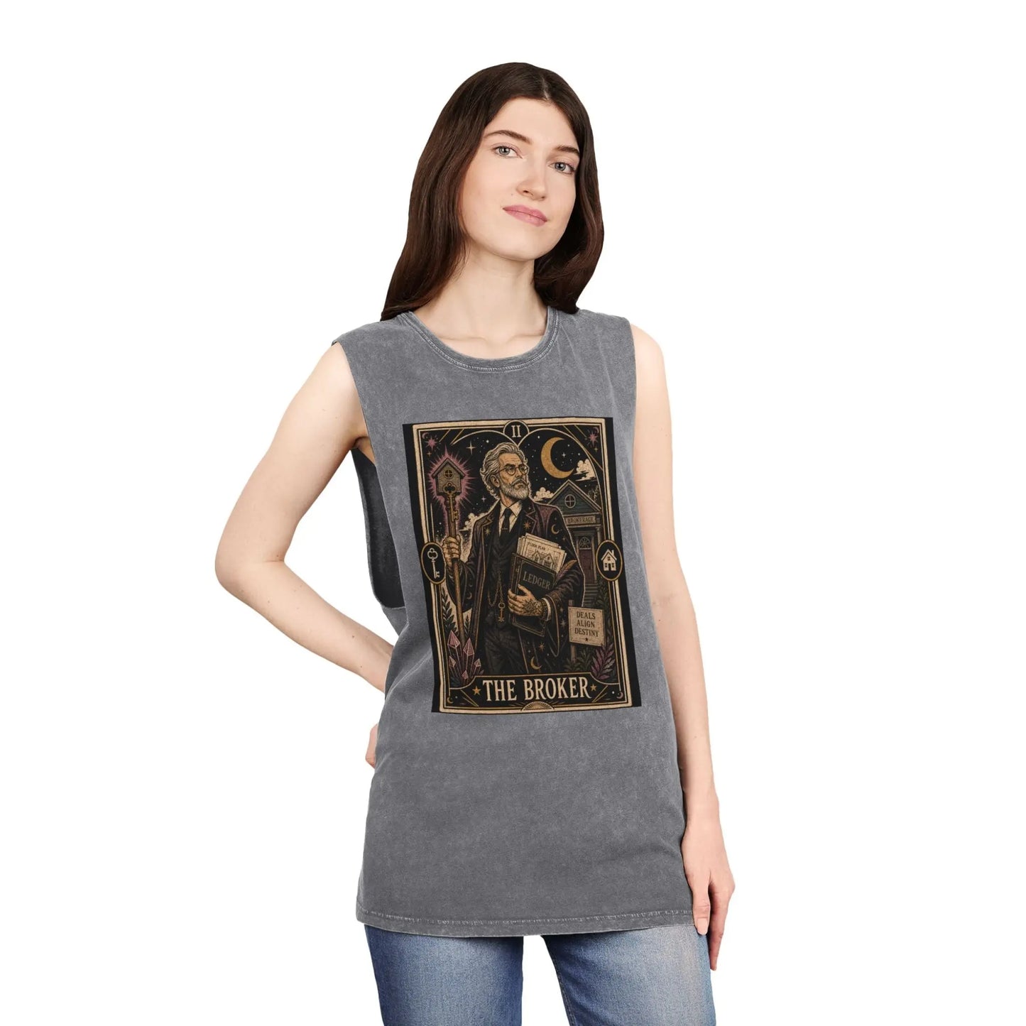 The Broker Tarot Card Stonewashed Tank Printify