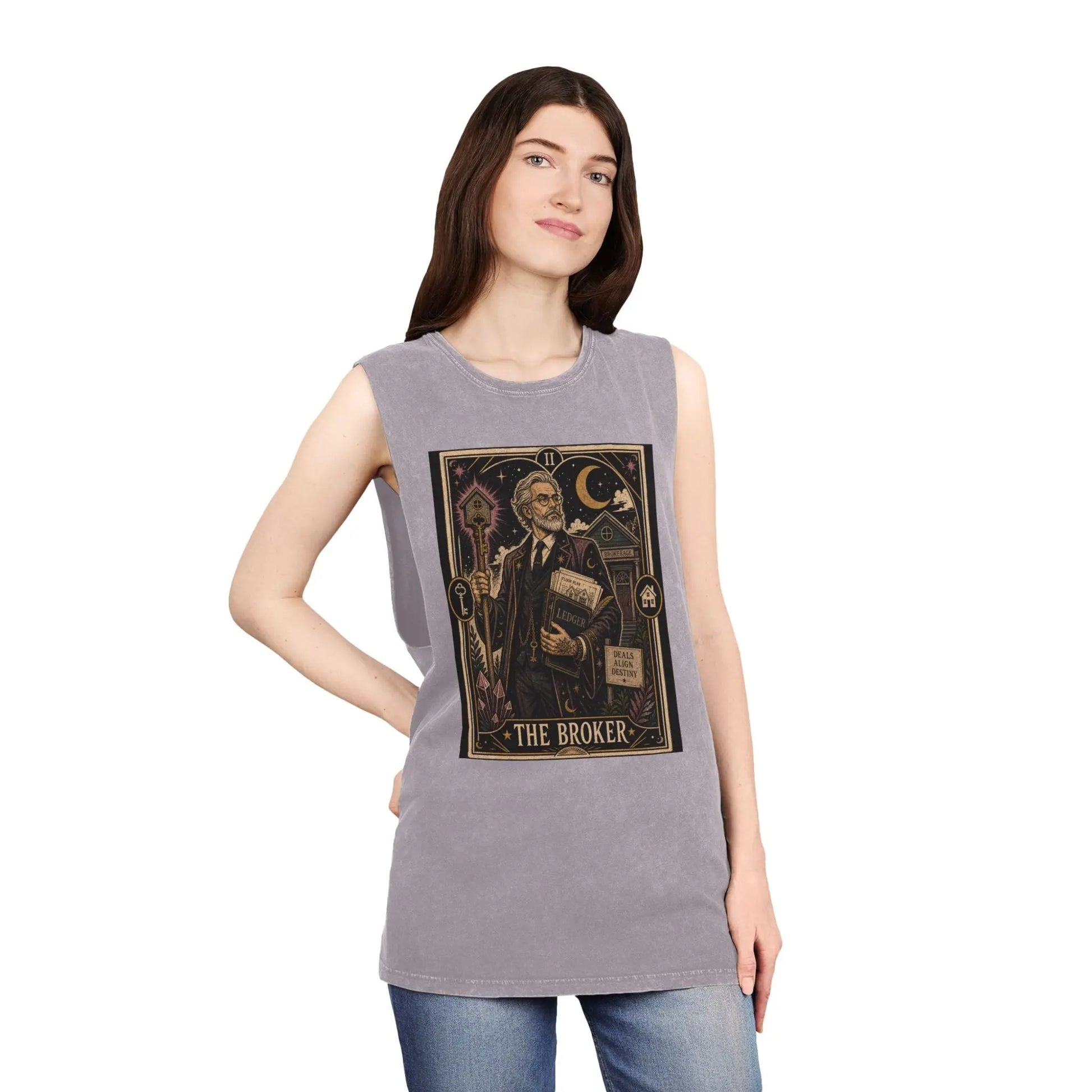 The Broker Tarot Card Stonewashed Tank Printify