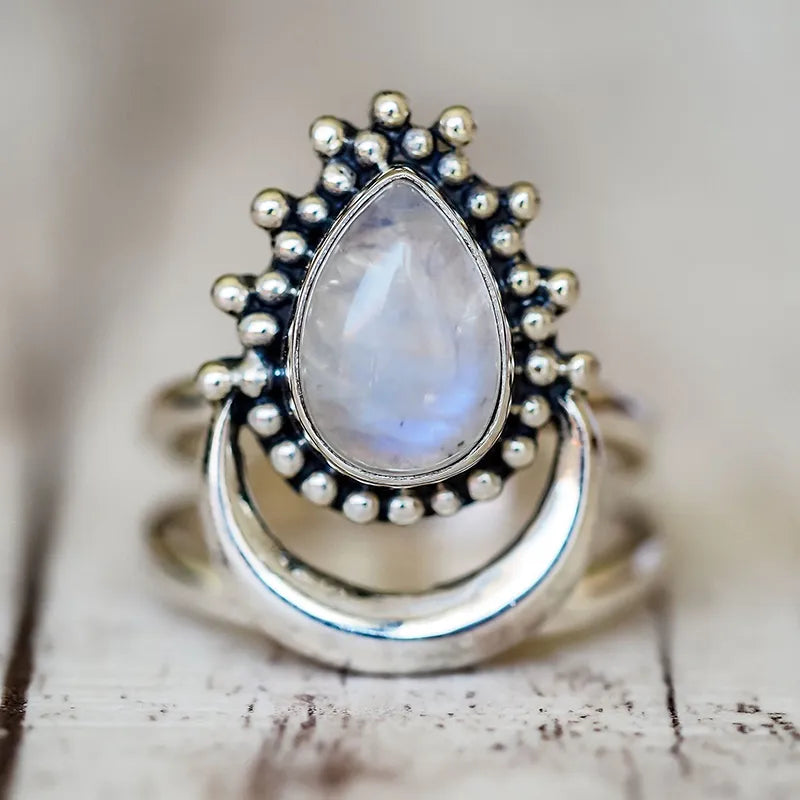 Sterling Silver Moonstone Ring with Crescent Moon