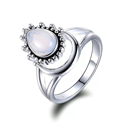 Sterling Silver Moonstone Ring with Crescent Moon