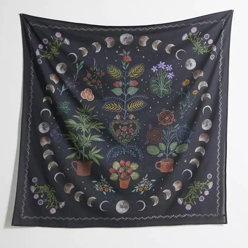 Botanical Celestial Moon Phase Wall Tapestry