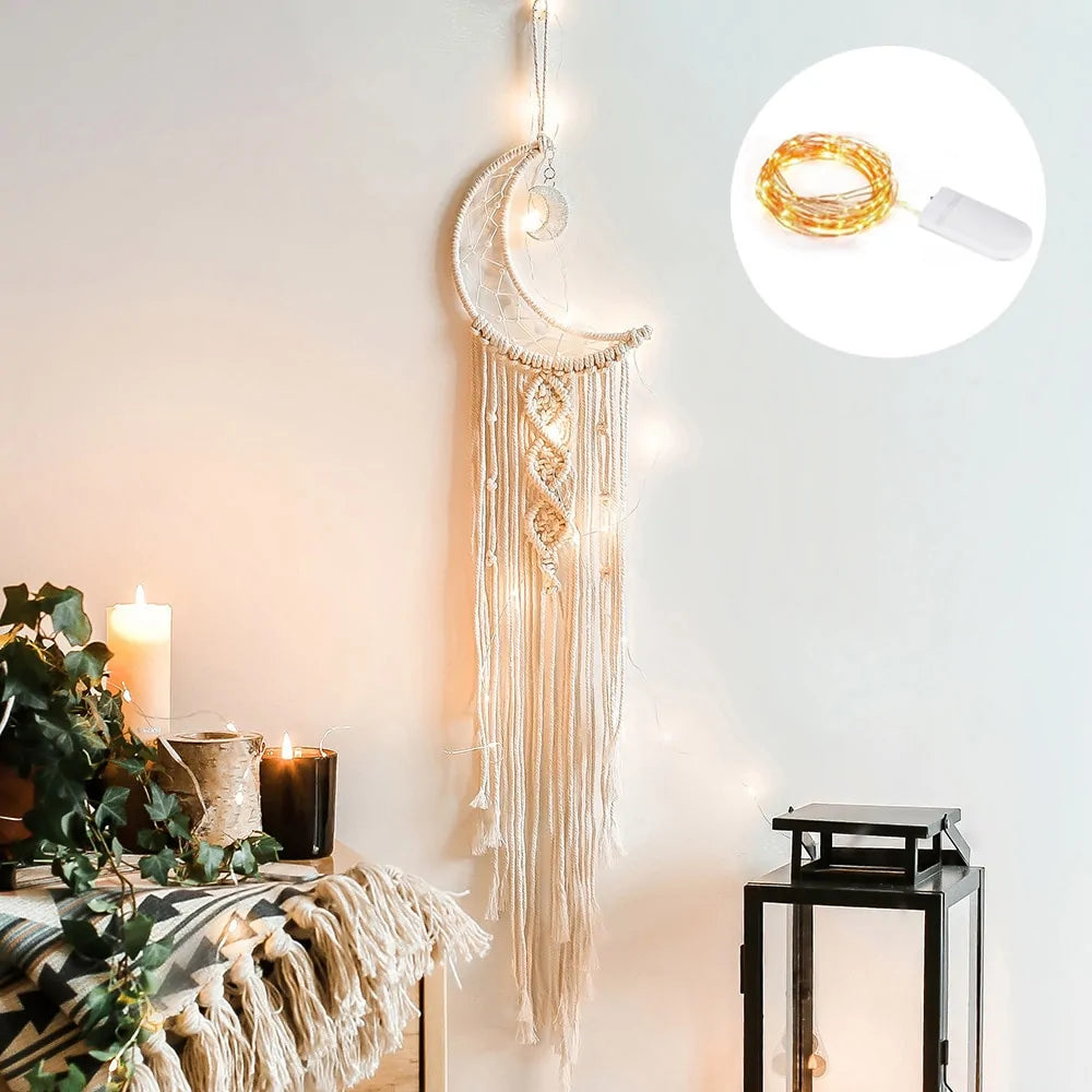 Star Moon Macrame Dream Catcher with Light